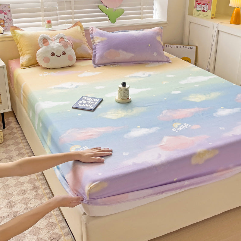 KTX-317075 Brushed Single-Layer Fitted Sheet with 2 Pillowcases - Mattress Protective Cover