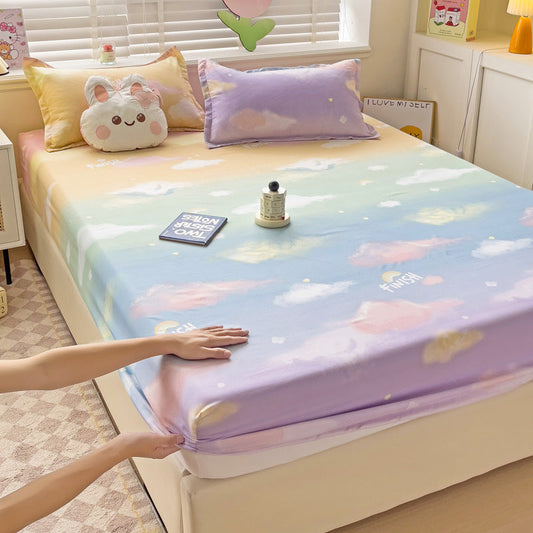 KTX-317075 Brushed Single-Layer Fitted Sheet with 2 Pillowcases - Mattress Protective Cover