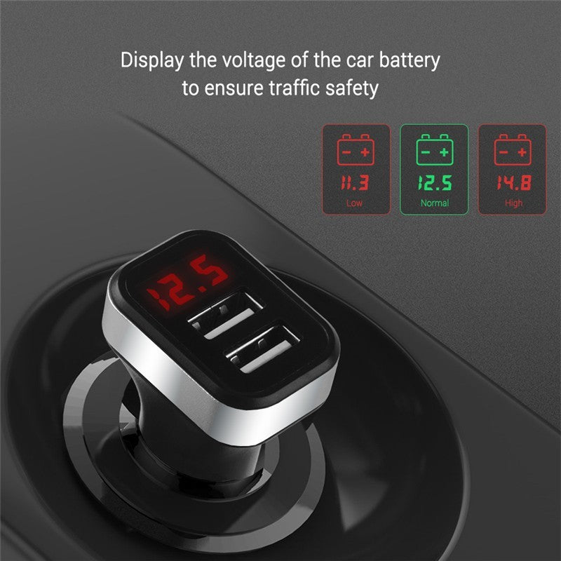 HKM-317459 Smart USB Car Charger with LED Display for Real-Time Battery Monitoring and Fast Charging Support