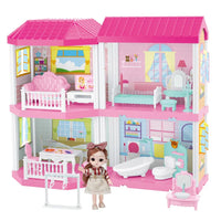 HKM-317523 2-Storey DIY Miniature Doll Villa with LED Lights - Hand-Assembled Toy House for Ages 6 and Up