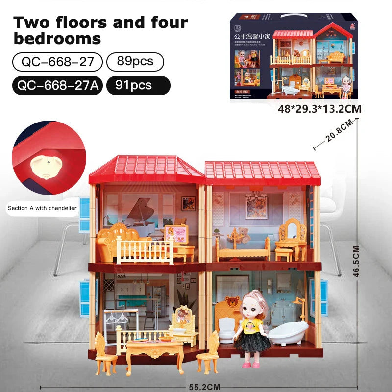 HKM-317523 2-Storey DIY Miniature Doll Villa with LED Lights - Hand-Assembled Toy House for Ages 6 and Up