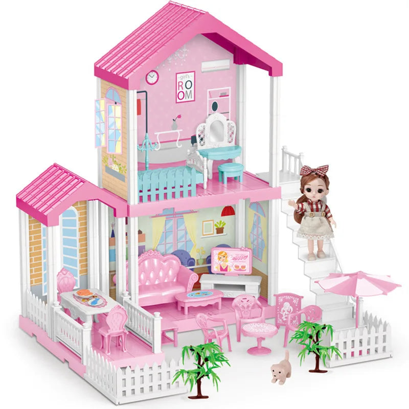 HKM-317523 2-Storey DIY Miniature Doll Villa with LED Lights - Hand-Assembled Toy House for Ages 6 and Up