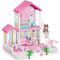 HKM-317523 2-Storey DIY Miniature Doll Villa with LED Lights - Hand-Assembled Toy House for Ages 6 and Up