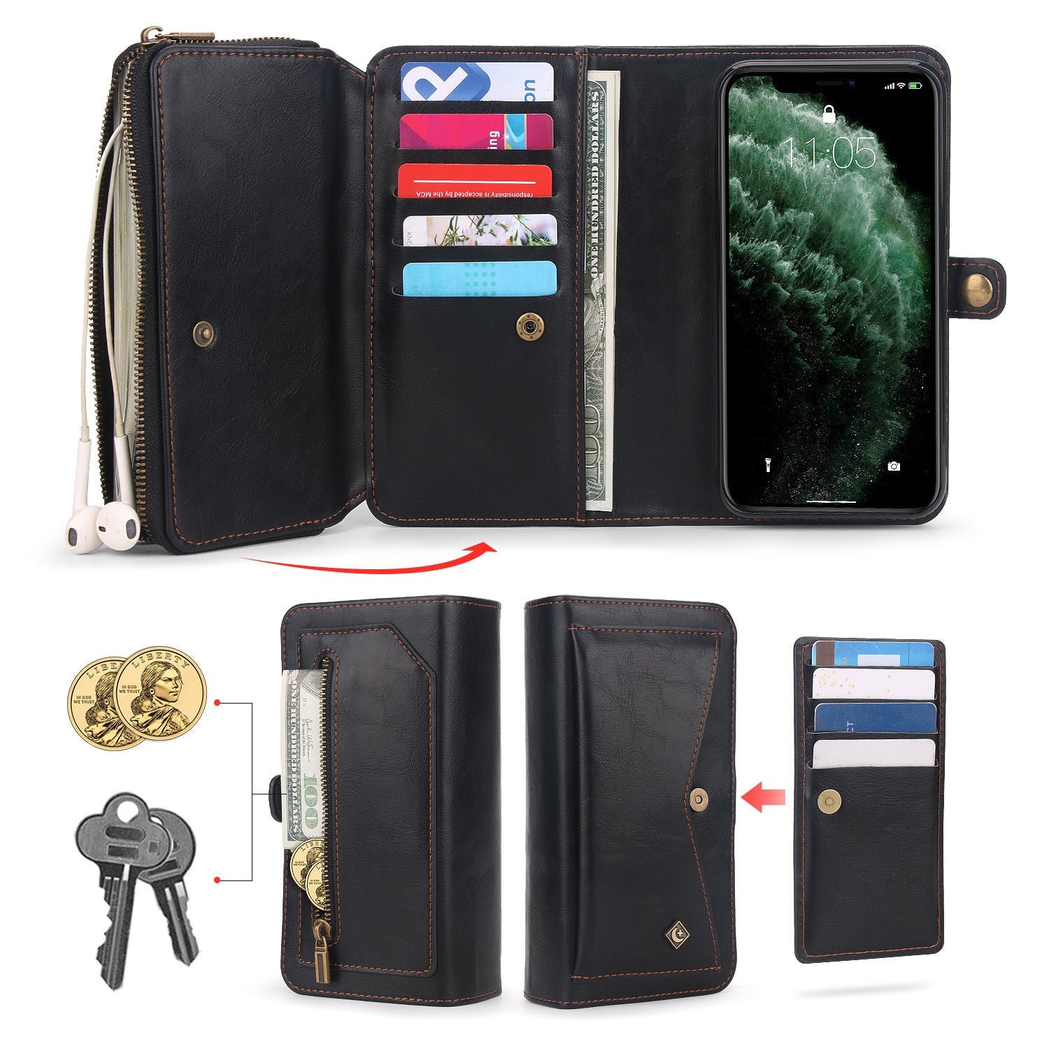 HKM-317523 Three-Fold Zipper Wallet Magnetic Case for iPhone and Samsung - Stylish PU Leather in Black, Brown, Red, Pink
