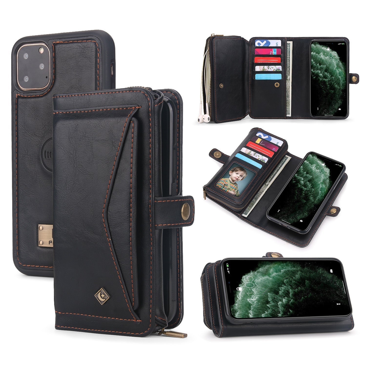 HKM-317523 Three-Fold Zipper Wallet Magnetic Case for iPhone and Samsung - Stylish PU Leather in Black, Brown, Red, Pink