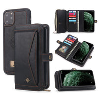 HKM-317523 Three-Fold Zipper Wallet Magnetic Case for iPhone and Samsung - Stylish PU Leather in Black, Brown, Red, Pink