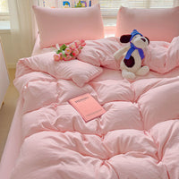 HKM-317587 Washed Cotton Four-Piece Duvet Cover and Sheet Set in Solid Colors
