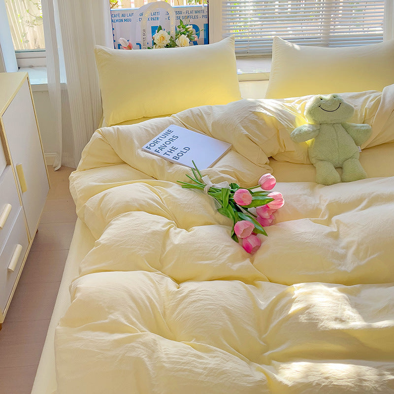 HKM-317587 Washed Cotton Four-Piece Duvet Cover and Sheet Set in Solid Colors