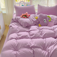 HKM-317587 Washed Cotton Four-Piece Duvet Cover and Sheet Set in Solid Colors
