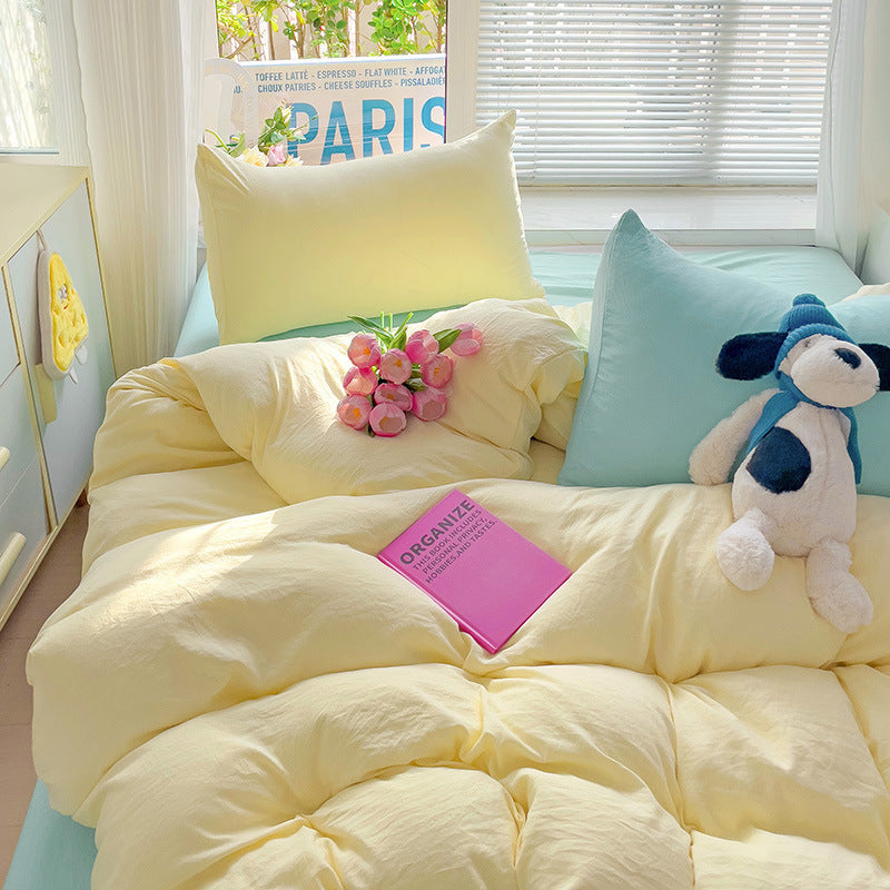 HKM-317587 Washed Cotton Four-Piece Duvet Cover and Sheet Set in Solid Colors