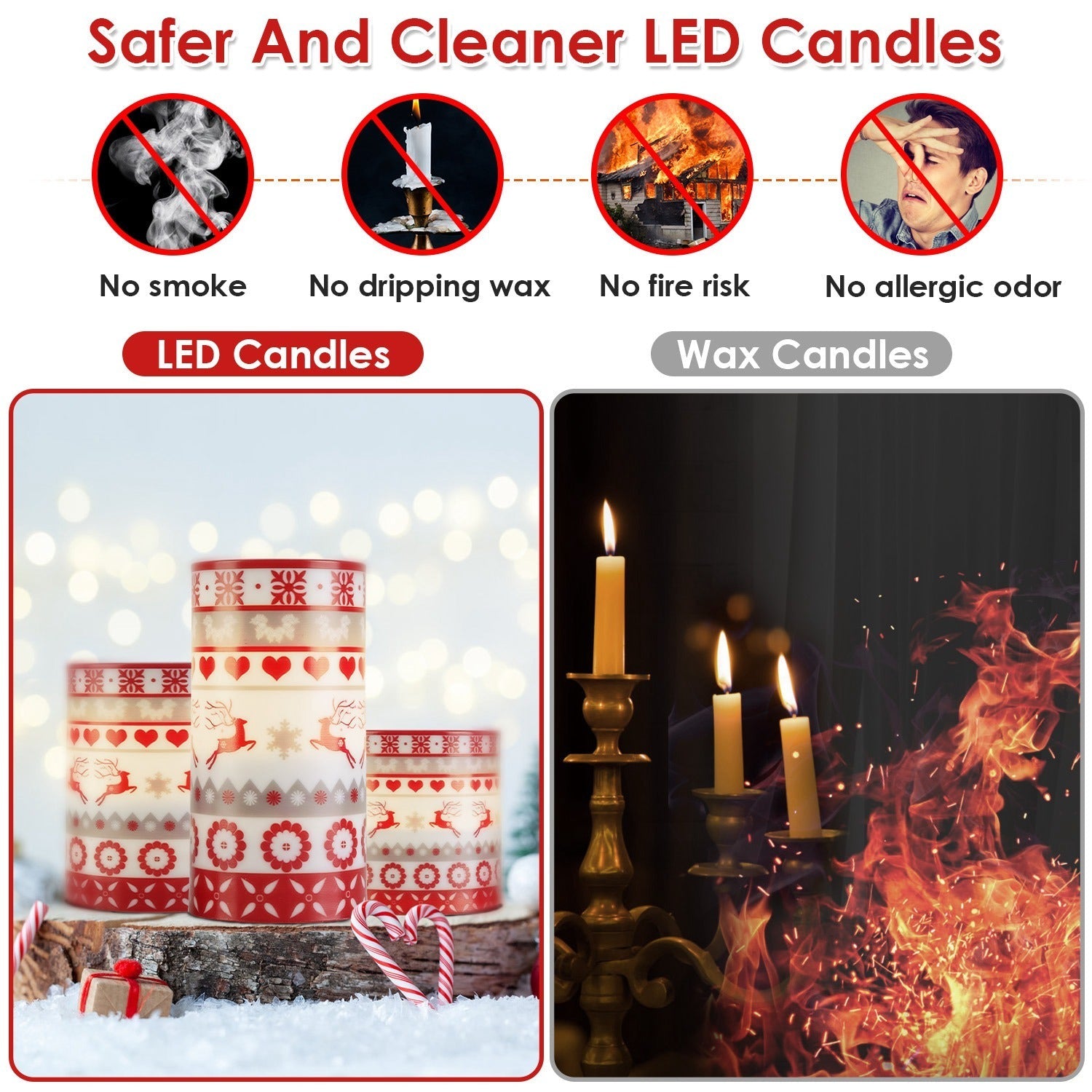 HKM-317715 Christmas Flameless LED Candles with Deer Design, Flickering Light Modes, Remote Control & Timer, Battery Operated