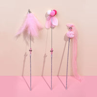 HKM-317907 Feather Cat Teaser Stick Set - Flexible, Bite-Resistant Cat Toys in Pink, Blue, Grey