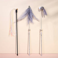 HKM-317907 Feather Cat Teaser Stick Set - Flexible, Bite-Resistant Cat Toys in Pink, Blue, Grey