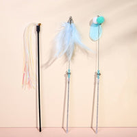 HKM-317907 Feather Cat Teaser Stick Set - Flexible, Bite-Resistant Cat Toys in Pink, Blue, Grey