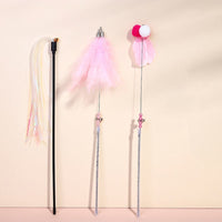 HKM-317907 Feather Cat Teaser Stick Set - Flexible, Bite-Resistant Cat Toys in Pink, Blue, Grey