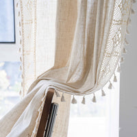 HKM-317971 Handmade Cotton Linen Semi-Transparent Partition Curtain with Crochet tassels