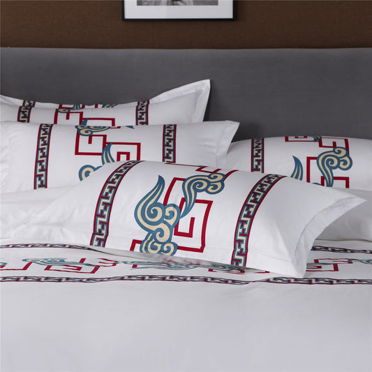 HKM-318419 Pure Cotton 4-Piece Bedding Set with Reactive Printing – Available in Red, Blue, and Yellow Cloud Patterns