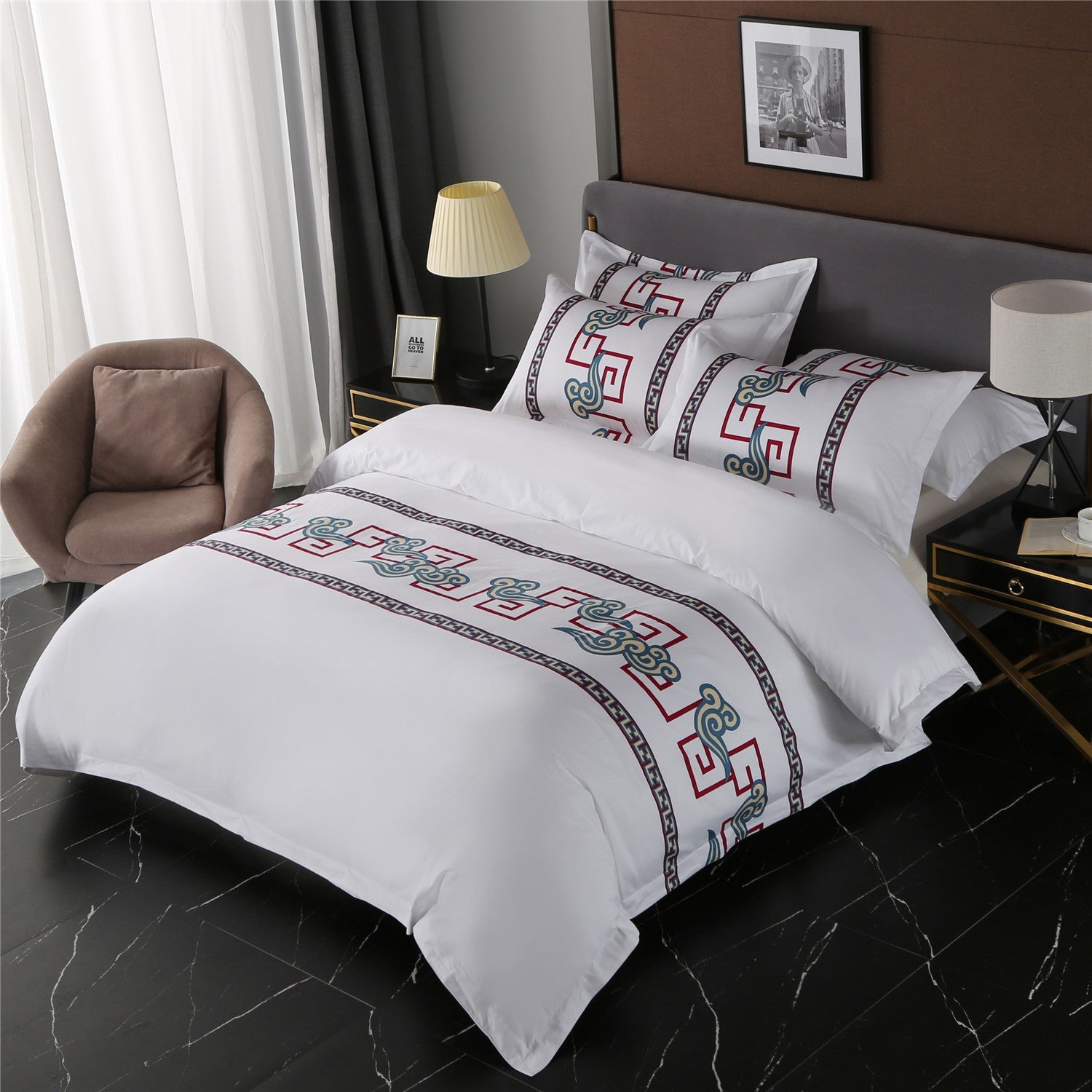 HKM-318419 Pure Cotton 4-Piece Bedding Set with Reactive Printing – Available in Red, Blue, and Yellow Cloud Patterns