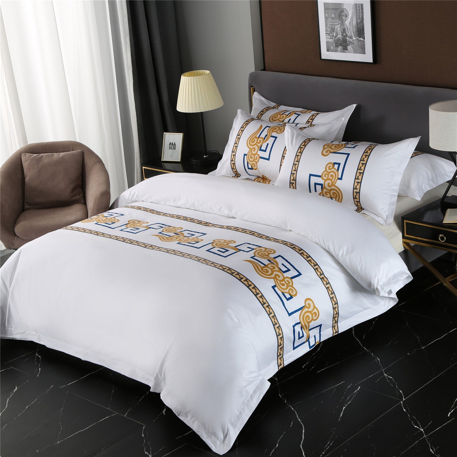 HKM-318419 Pure Cotton 4-Piece Bedding Set with Reactive Printing – Available in Red, Blue, and Yellow Cloud Patterns