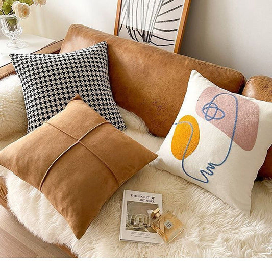 HKM-319699 Nordic Houndstooth Pillow - Chenille and Suede Cushion, 45x45 cm