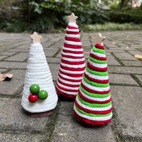 HKM-320339 Mini Christmas Tree Decorations in Red, White, and Green - Cotton Thread, 12cm to 21cm