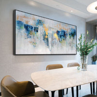 HKM-320659 Modern Blue and Gold Abstract Handmade Oil Painting on Canvas for Living Room and Bedroom Decor
