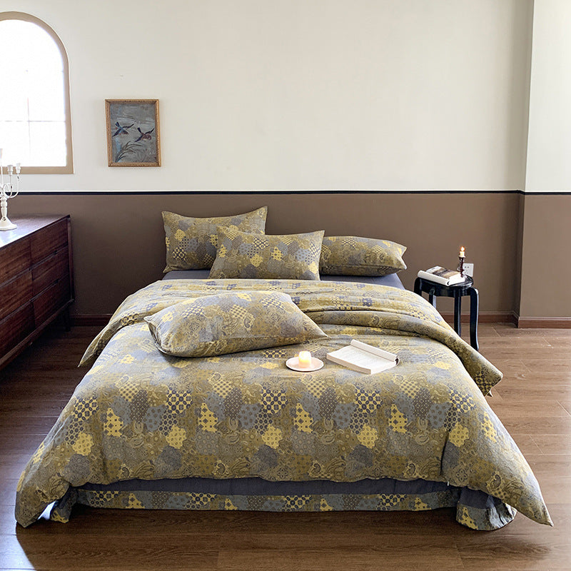 HKM-320723 Pastoral Floral Yarn-Dyed Cotton Double-Layer Gauze Bedding Set - 4-Piece Collection