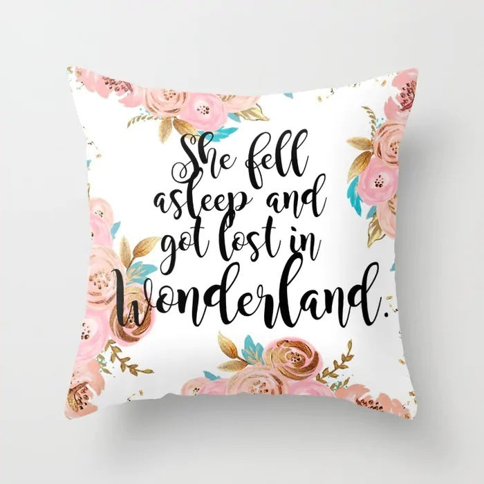 HKM-320787 Flower Letter Print Peach Skin Pillowcase - Soft & Elegant Design, 45x45cm, No Pillow Core Included