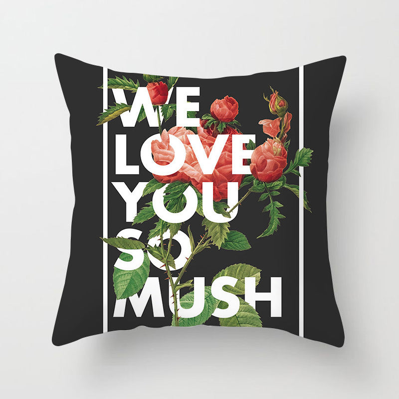 HKM-320787 Flower Letter Print Peach Skin Pillowcase - Soft & Elegant Design, 45x45cm, No Pillow Core Included