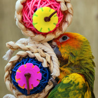 HKM-321811 Natural Luffa and Vine Climbing Toy for Parrots and Small Birds - 24cm Long with Rattan Ball