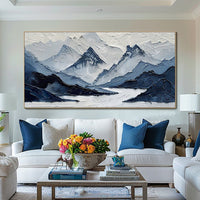 HKM-321811 Navy Blue and White Hand-Painted Mountain Landscape Oil Painting for Living Room Decor