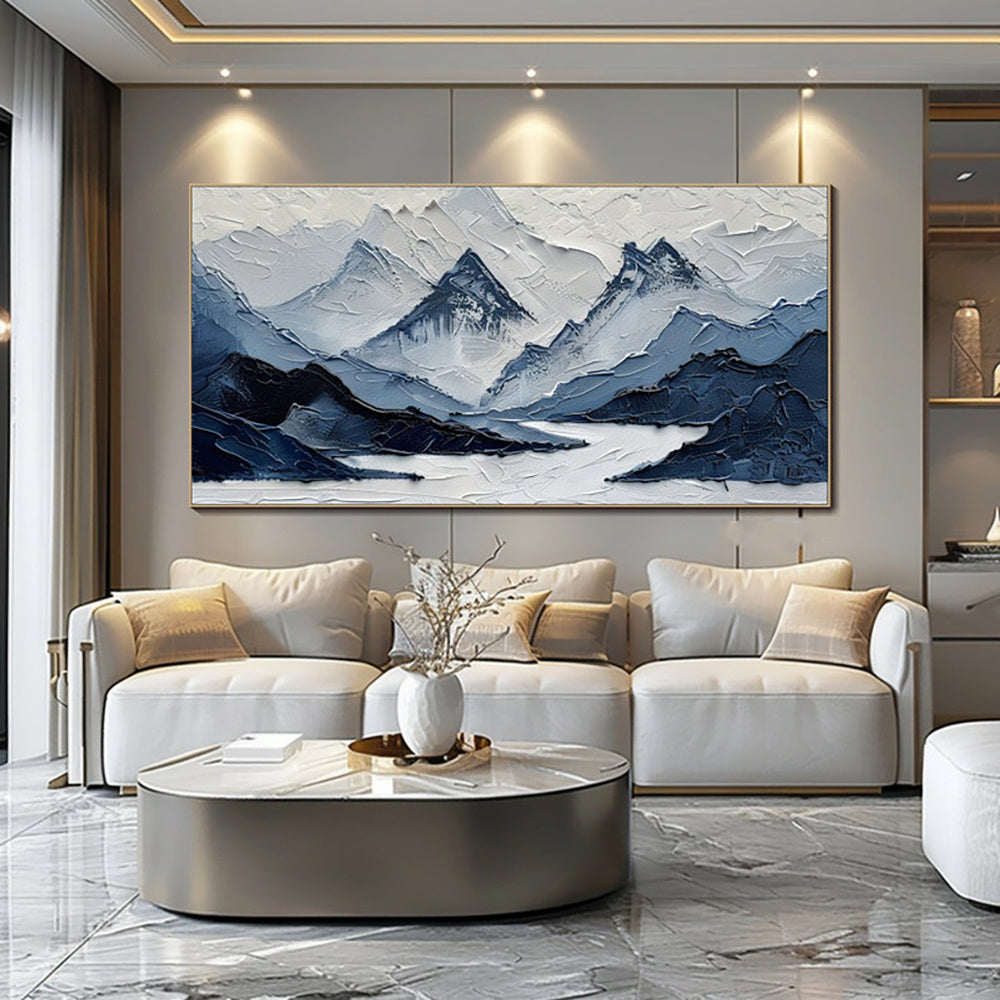 HKM-321811 Navy Blue and White Hand-Painted Mountain Landscape Oil Painting for Living Room Decor