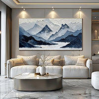 HKM-321811 Navy Blue and White Hand-Painted Mountain Landscape Oil Painting for Living Room Decor