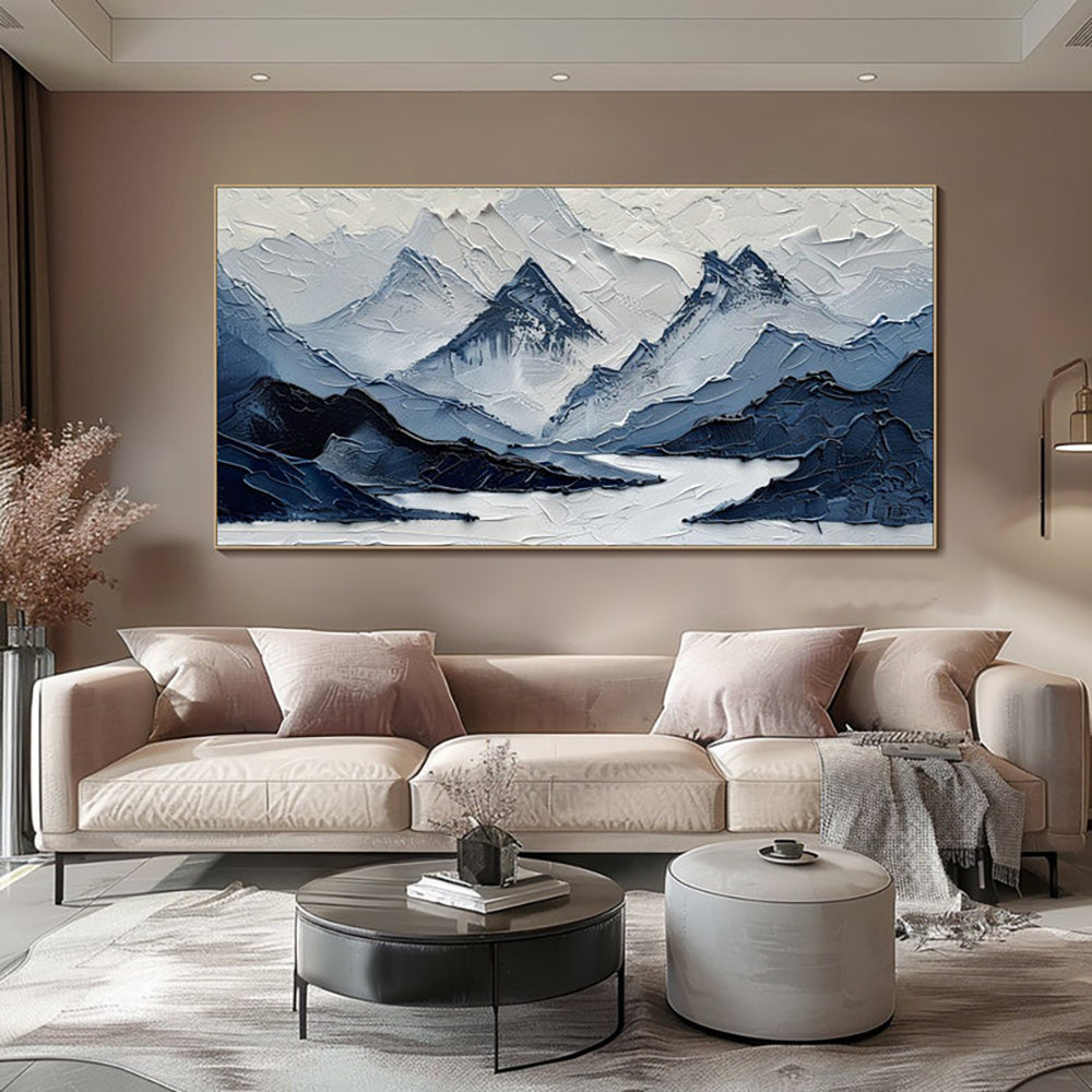HKM-321811 Navy Blue and White Hand-Painted Mountain Landscape Oil Painting for Living Room Decor