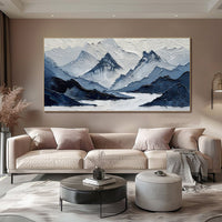 HKM-321811 Navy Blue and White Hand-Painted Mountain Landscape Oil Painting for Living Room Decor