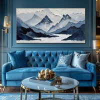 HKM-321811 Navy Blue and White Hand-Painted Mountain Landscape Oil Painting for Living Room Decor