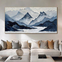 HKM-321811 Navy Blue and White Hand-Painted Mountain Landscape Oil Painting for Living Room Decor