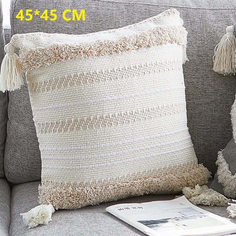 HKM-322259 Chenille Ethnic Tassel Cushion - Environmentally Friendly Jacquard Fabric with PP Cotton Filling