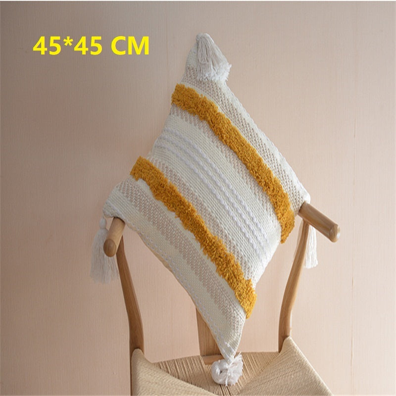 HKM-322259 Chenille Ethnic Tassel Cushion - Environmentally Friendly Jacquard Fabric with PP Cotton Filling