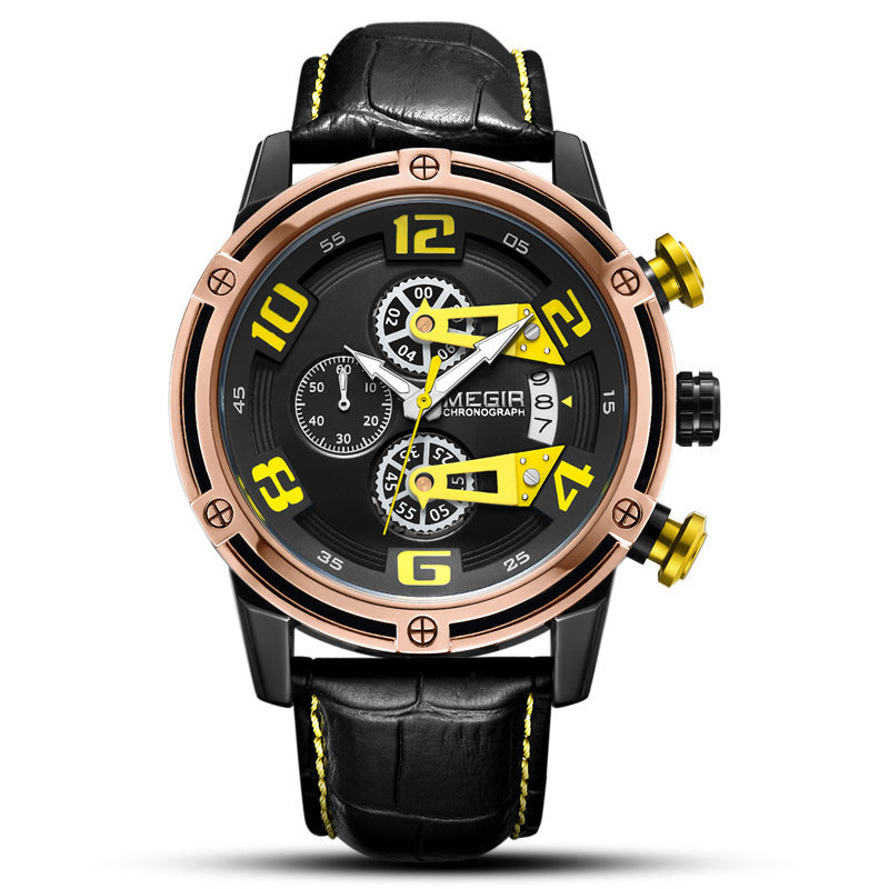 HKM-322387 Multifunctional Men's Chronograph Leather Watch with Calendar and Luminous Display
