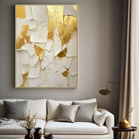 HKM-322963 Handmade Abstract Oil Painting on Canvas - Gold and White Texture Wall Art for Living Room and Home Decor