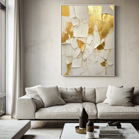 HKM-322963 Handmade Abstract Oil Painting on Canvas - Gold and White Texture Wall Art for Living Room and Home Decor