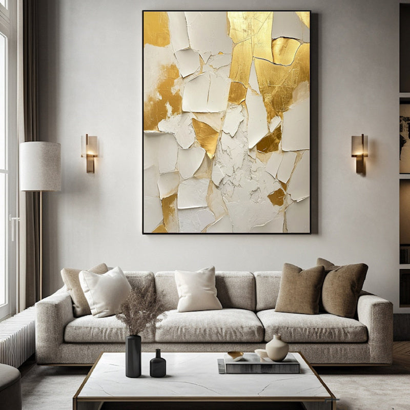 HKM-322963 Handmade Abstract Oil Painting on Canvas - Gold and White Texture Wall Art for Living Room and Home Decor