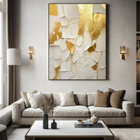 HKM-322963 Handmade Abstract Oil Painting on Canvas - Gold and White Texture Wall Art for Living Room and Home Decor