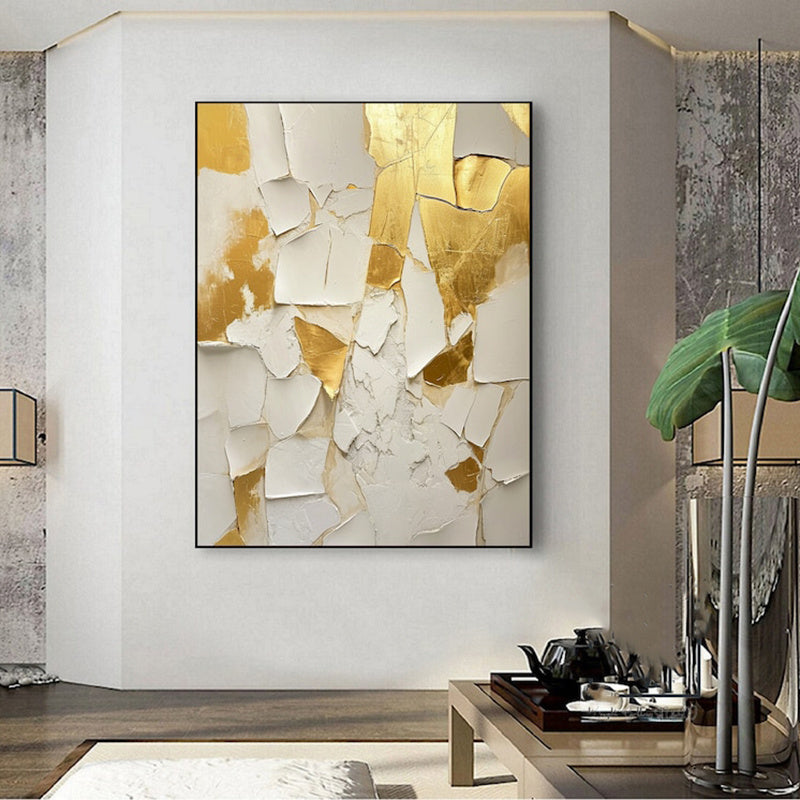 HKM-322963 Handmade Abstract Oil Painting on Canvas - Gold and White Texture Wall Art for Living Room and Home Decor