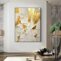 HKM-322963 Handmade Abstract Oil Painting on Canvas - Gold and White Texture Wall Art for Living Room and Home Decor