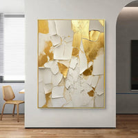 HKM-322963 Handmade Abstract Oil Painting on Canvas - Gold and White Texture Wall Art for Living Room and Home Decor