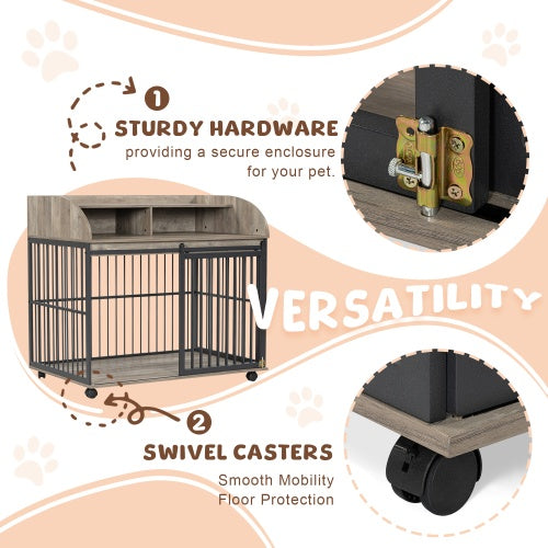 HKM-323027 Stylish Wooden Dog Kennel for Medium to Large Dogs with Lockable Wheels and Ample Storage