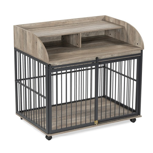 HKM-323027 Stylish Wooden Dog Kennel for Medium to Large Dogs with Lockable Wheels and Ample Storage