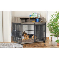 HKM-323027 Stylish Wooden Dog Kennel for Medium to Large Dogs with Lockable Wheels and Ample Storage